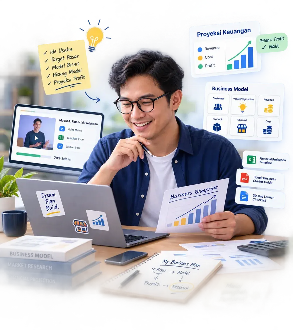 Peserta program menyusun rencana bisnis: video modul proyeksi keuangan, template model bisnis, dan Business Blueprint yang sudah tercetak.